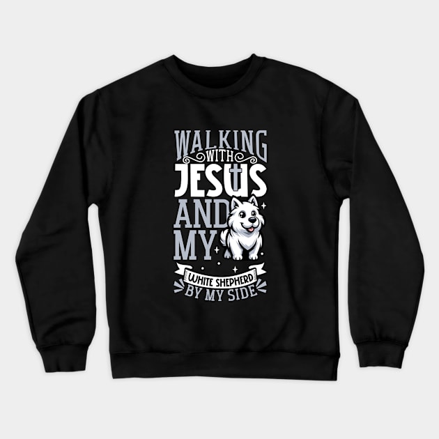 Jesus and dog - White Shepherd Crewneck Sweatshirt by Modern Medieval Design